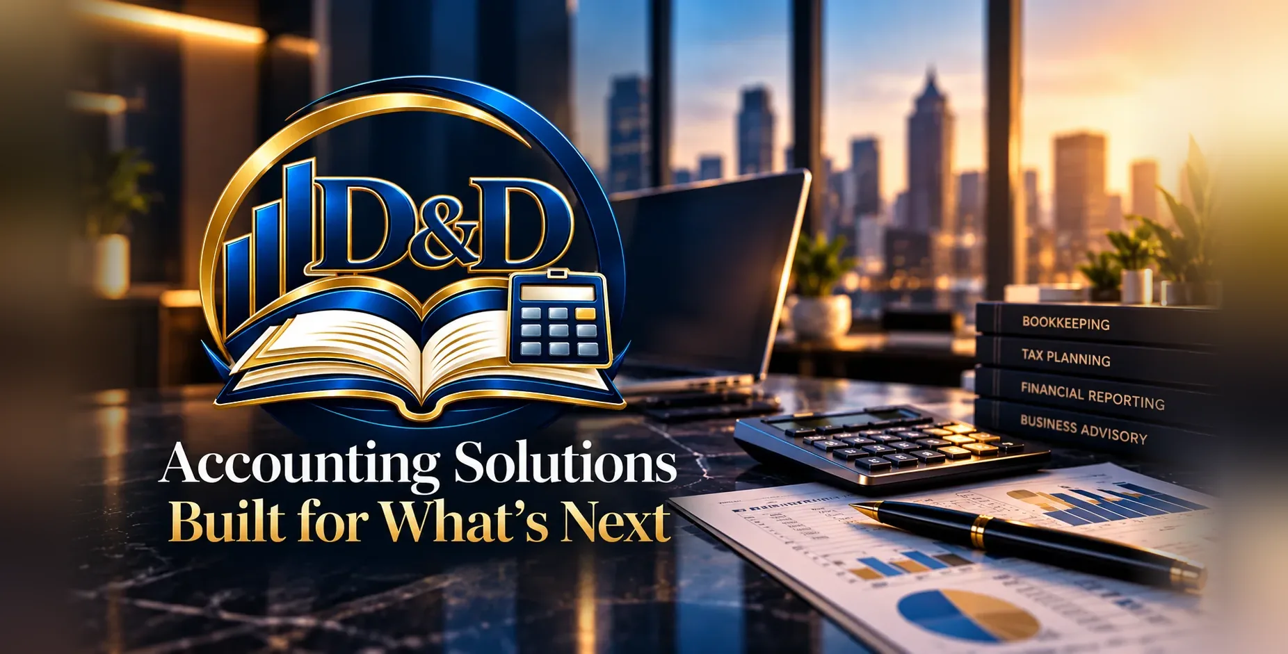 D&D Enterprises crest on an office desk with a laptop, calculator and books on bookkeeping, tax planning, financial reporting and business advisory